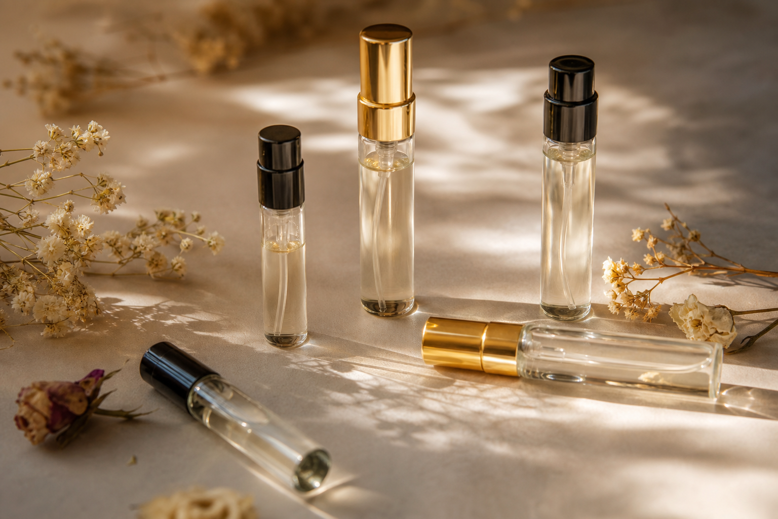 Rij kleine parfumsamples en decants in neutrale flesjes op een warme ondergrond